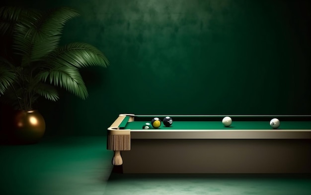 A pool table with a green background and a green wall with a tree in the corner.