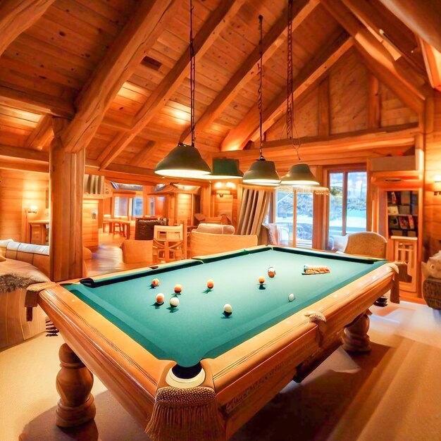 a pool table with a pool table and a couch in the background.