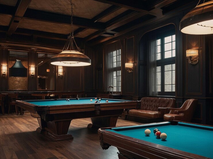 Photo a pool table with a pool table and a large window