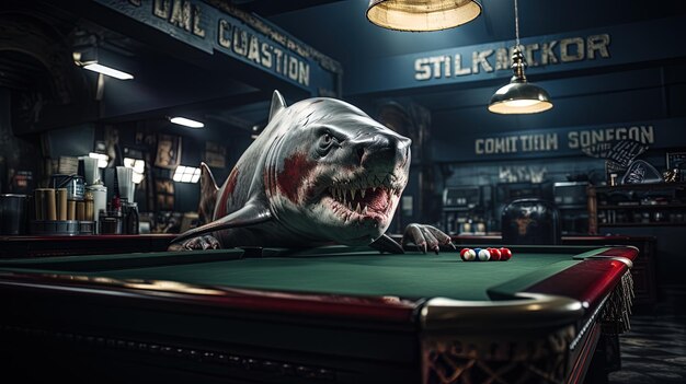 Photo a pool table with a shark head and a sign that says  victory