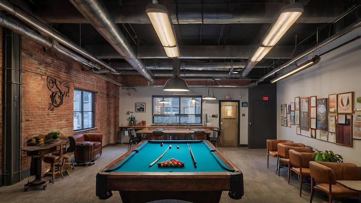 Photo a pool table with a sign that says billiards on it
