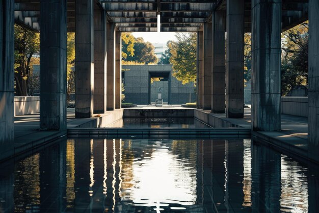 A pool of water in a building with columns