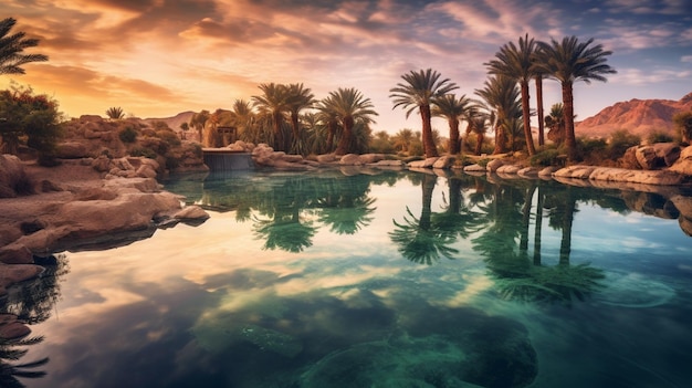 A pool of water with palm trees in the background