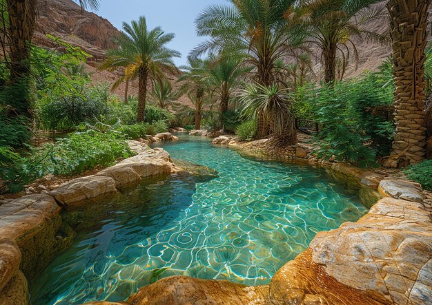 Photo a pool of water with palm trees and a pool of water