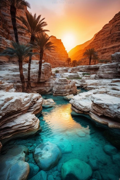 a pool of water with palm trees and a sunset in the background