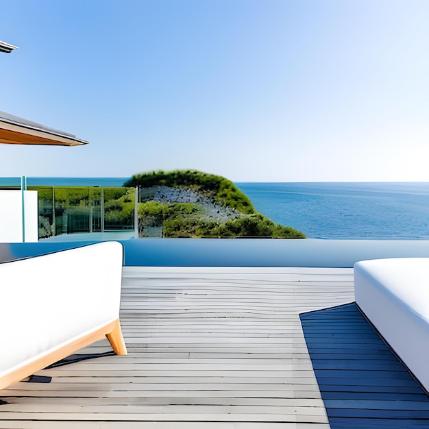 A pool and a white couch are on a deck overlooking the ocean.
