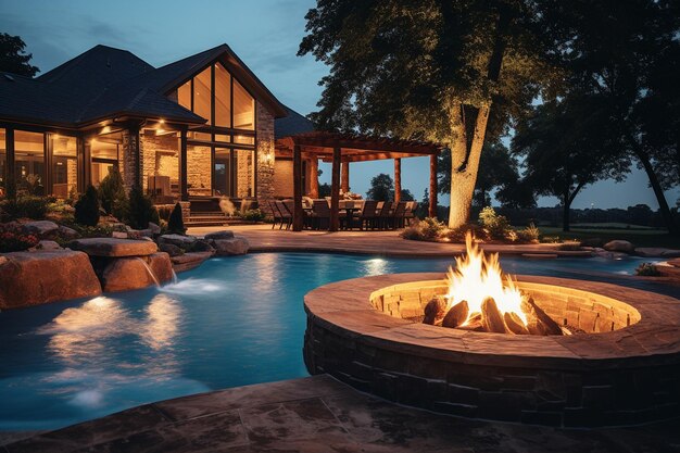 a pool with an adjacent fire pit area