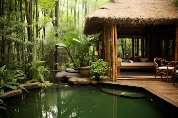 Photo pool with a bamboo hut