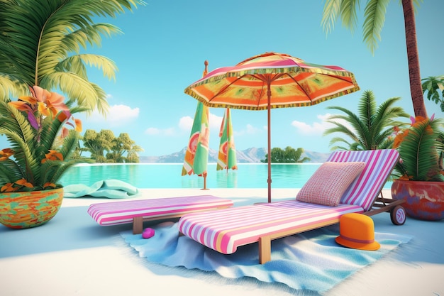 A pool with a beach chair and umbrellas next to it