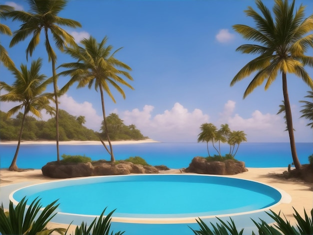 A pool with a beach and palm trees in the background