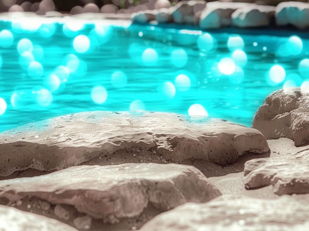 Foto una piscina con acqua blu e alcune rocce in essa