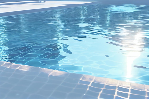 푸른 물과 흰색 타일 바닥이 있는 수영장.