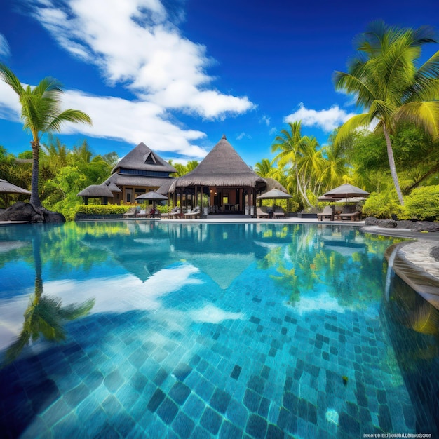 A pool with a building in the background