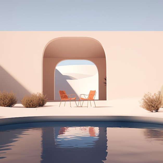 a pool with chairs and a archway