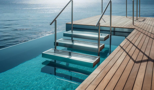 A pool with a clear blue water and a clear sky