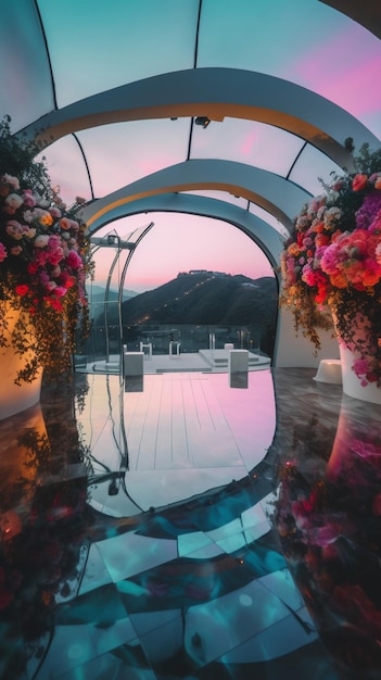 A pool with flowers and a view of the mountains