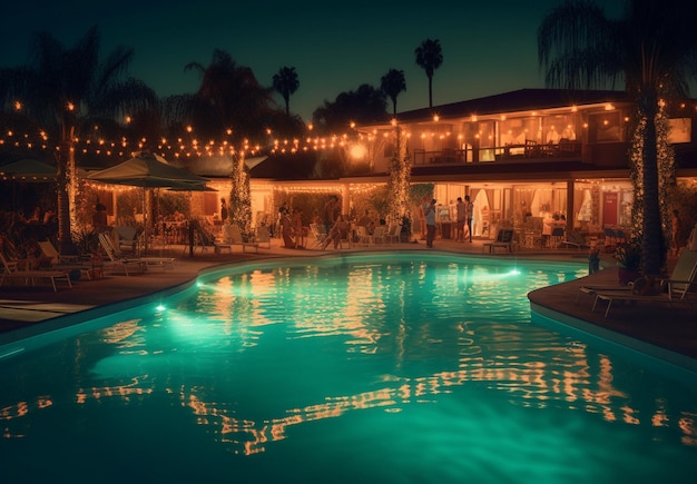 a pool with a house in the background