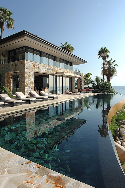 a pool with a house and a pool with a view of the ocean