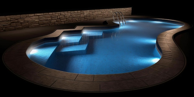 A pool with lights and stairs at night