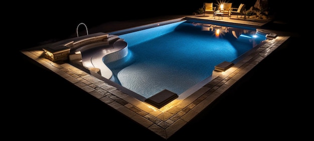 A pool with lights on and a table with a chair on it