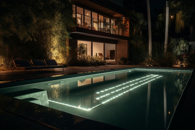 A pool with a lit up pool at night