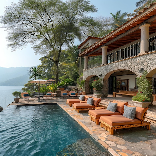 A pool with a lounge chair and a view of a mountain