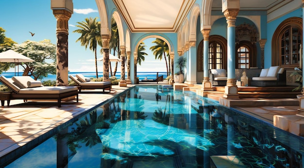 a pool with lounge chairs at the beachside