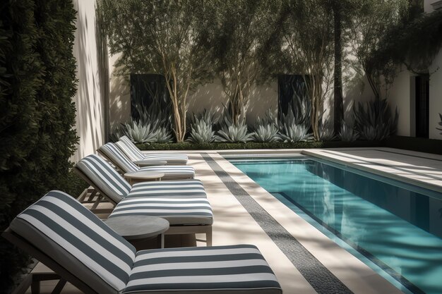 A pool with lounge chairs and a tree in the background.