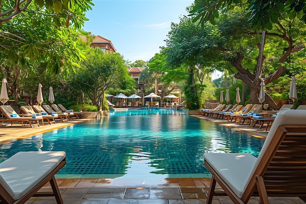 Pool with Lounge Chairs and Trees Near