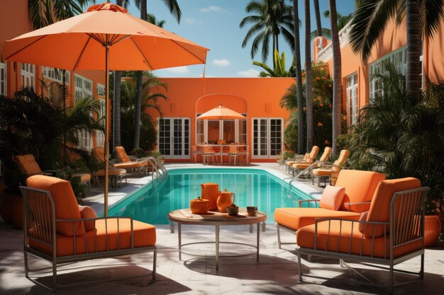 a pool with orange chairs and a table with orange chairs and a pool in the background.