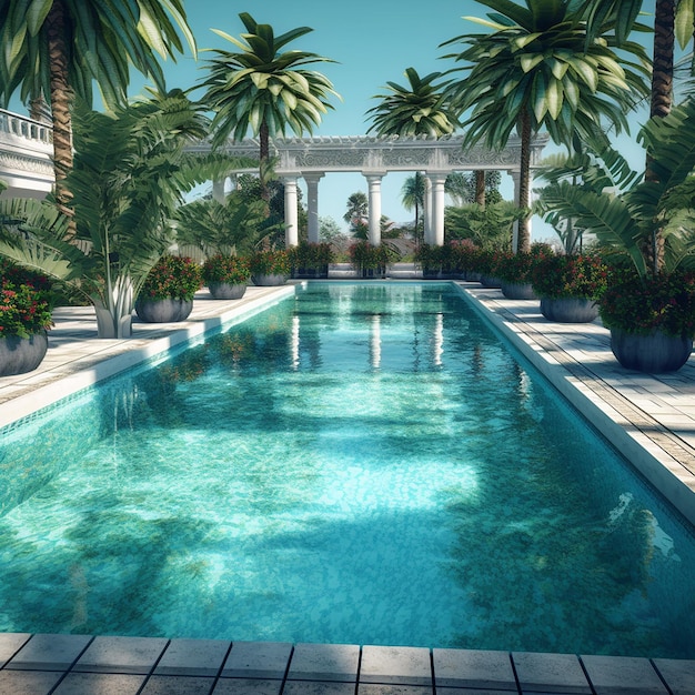 A pool with a palm tree in the background