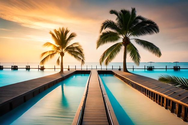 A pool with a palm tree in the background