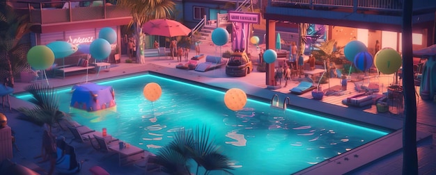 A pool with a palm tree and balloon with pink background illustration