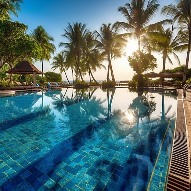 a pool with a palm tree and a blue sky in the background.