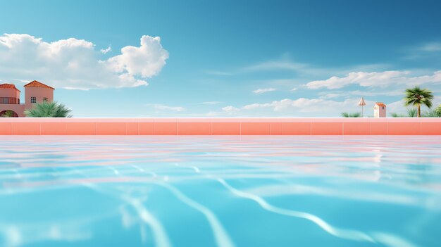 A pool with a palm tree and blue sky