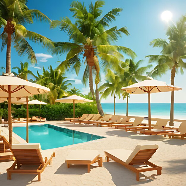 Photo a pool with palm trees and a blue sky with the sun shining on it