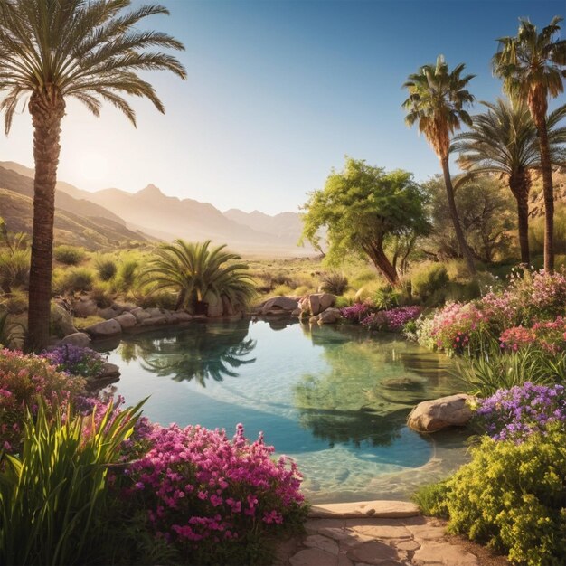 a pool with palm trees and flowers and a palm tree