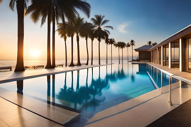 A pool with palm trees in front of a beach