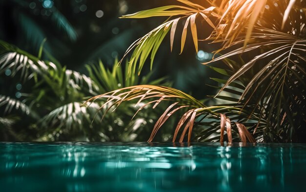 A pool with palm trees and a green background