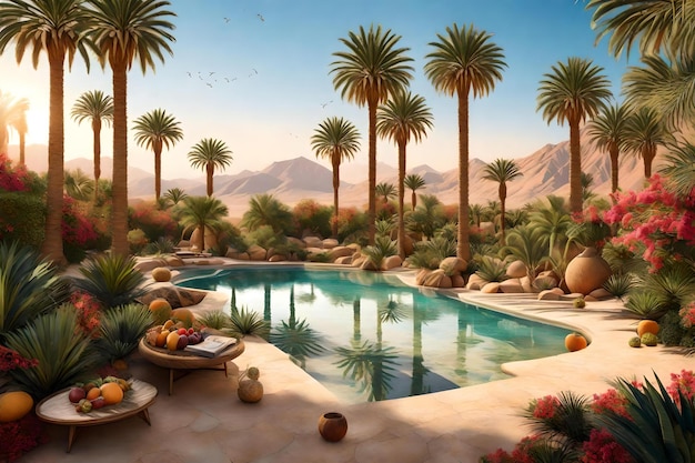 A pool with palm trees and a pool with palm trees and mountains in the background.
