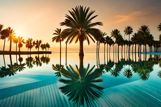 A pool with palm trees and a sunset in the background