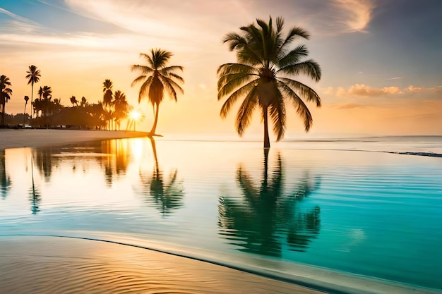 A pool with palm trees and a sunset in the background