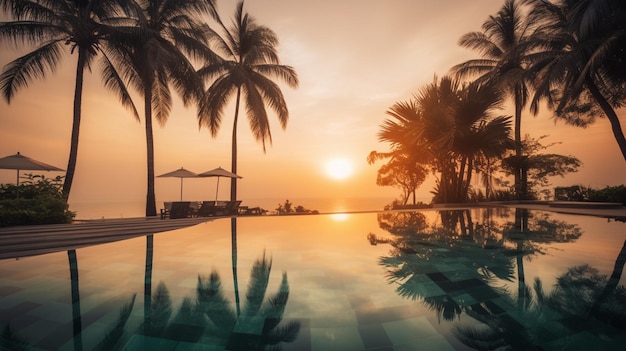 A pool with palm trees and a sunset in the background