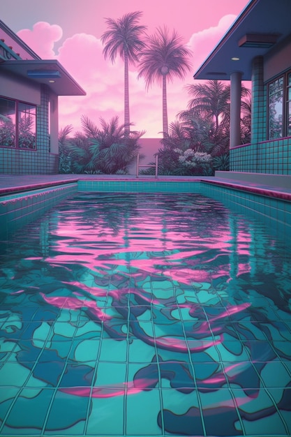 Photo a pool with a pink and purple sky and palm trees.