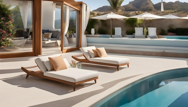 a pool with a pool and lounge chairs and a pool with a mountain in the background