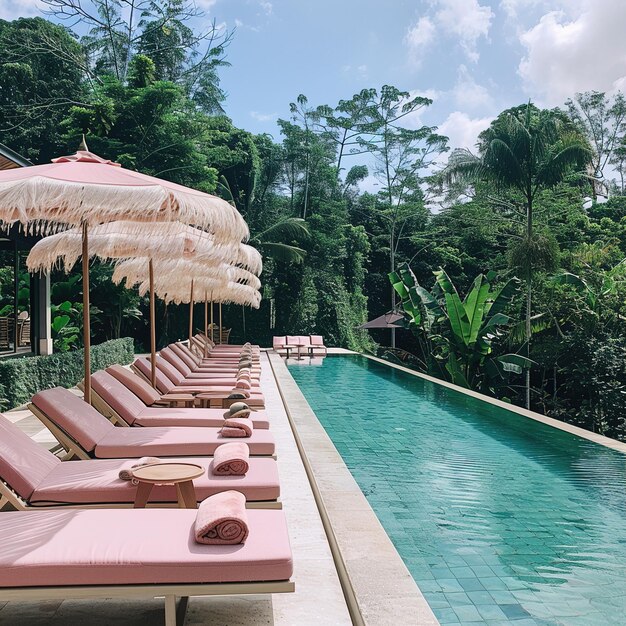 Photo a pool with a pool and lounge chairs with umbrellas on the side