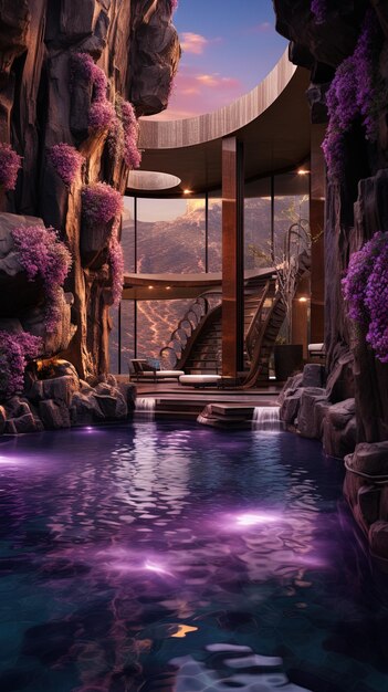 a pool with purple flowers and a waterfall in the middle of it