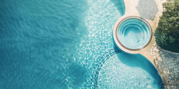 A pool with a spa and a tree in the background