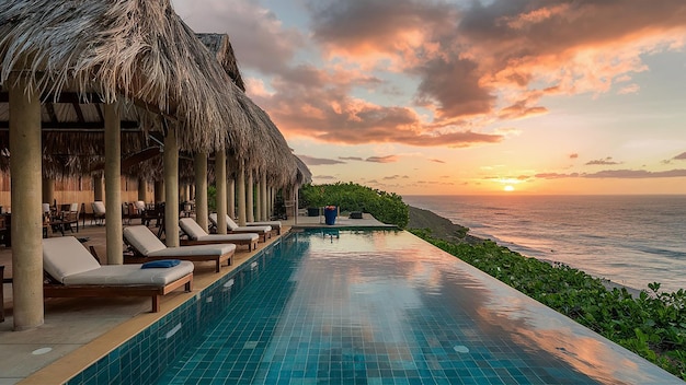 a pool with a sunset and a beach scene