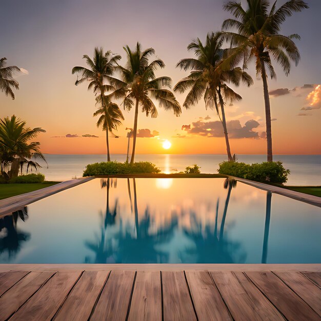 a pool with a sunset and palm trees in the background